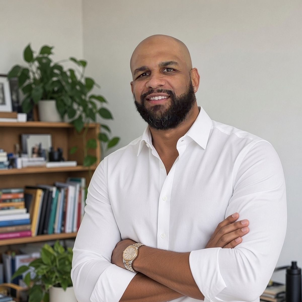 Faris Wright, Texas real estate sales agent, smiling with arms crossed in a home office