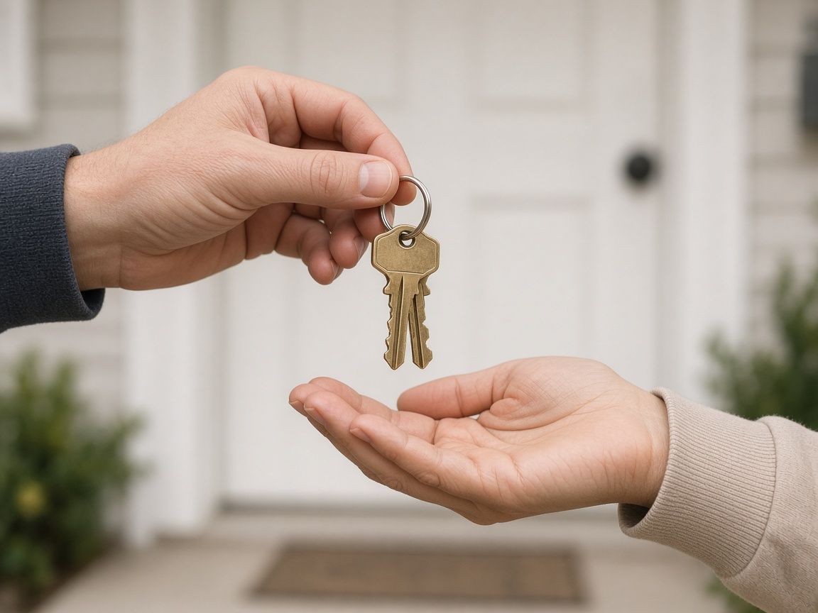 A hand passing a set of house keys to another hand in front of a home