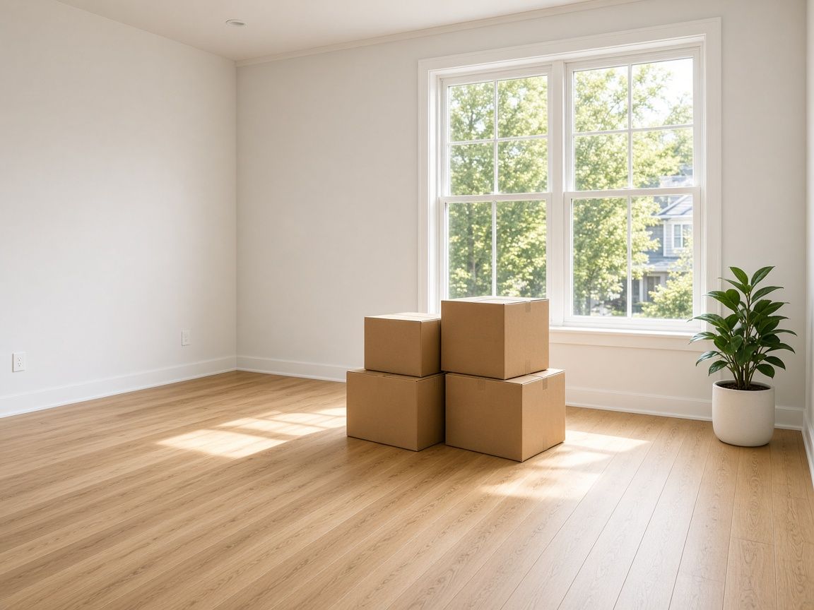 A sunny empty living room with a few moving boxes by the window
