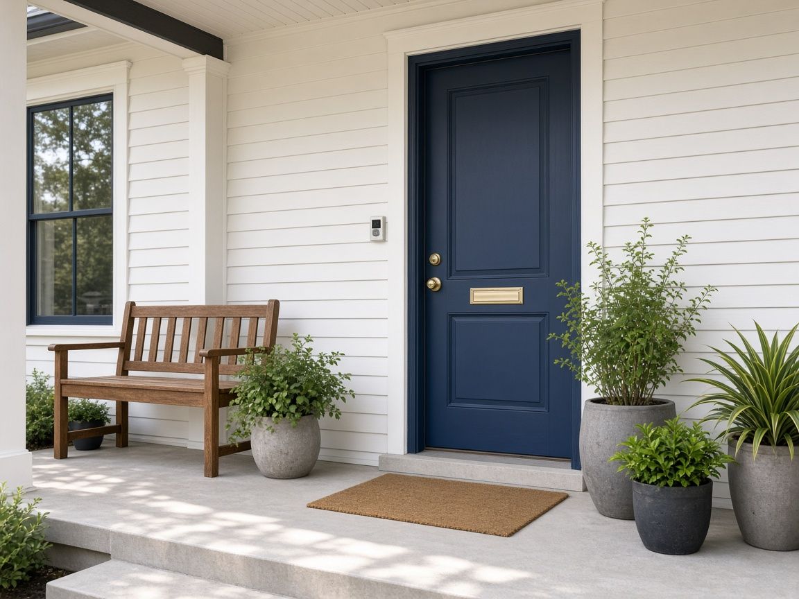 A welcoming front porch with a navy blue door, bench and potted plants