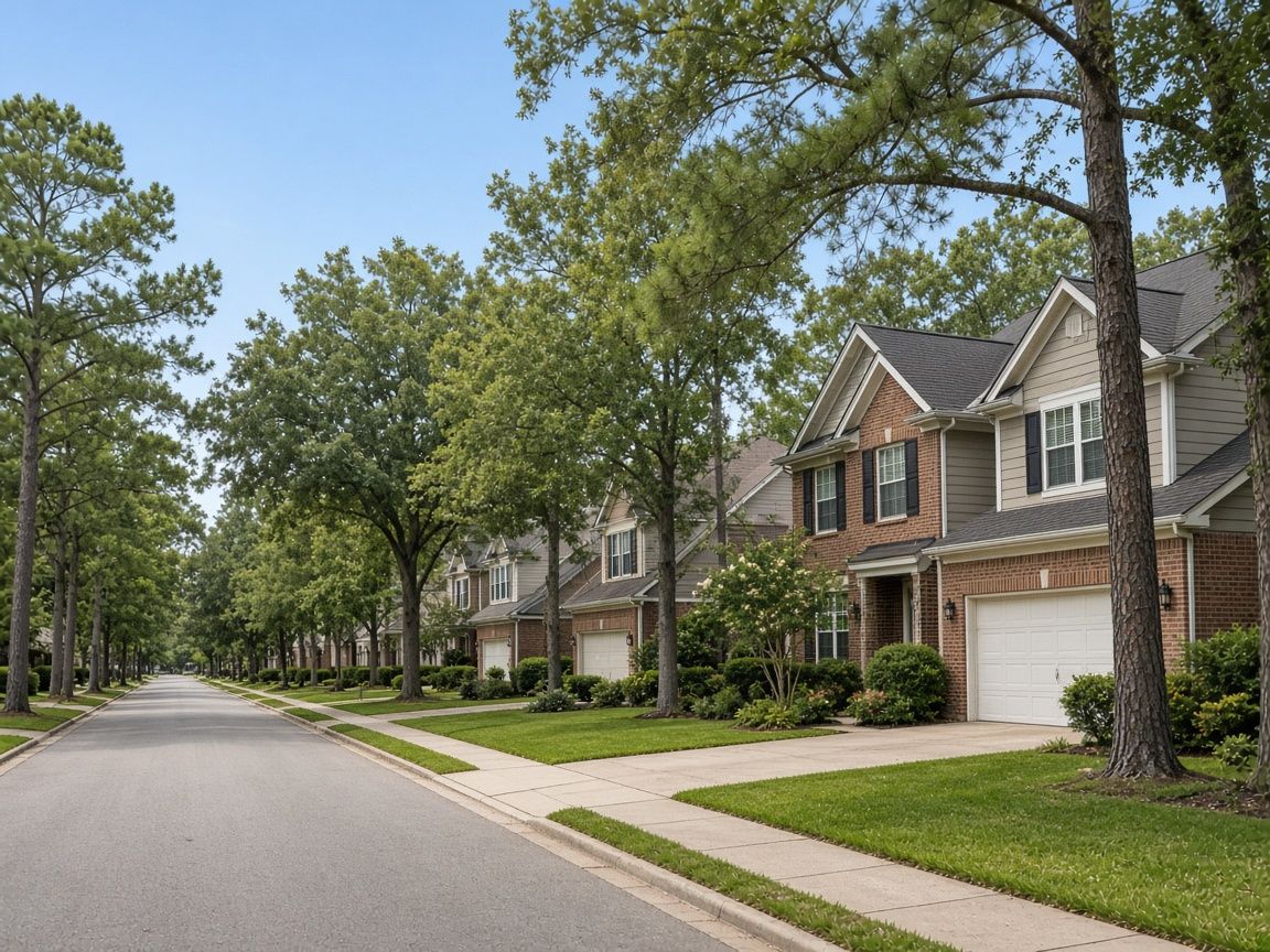 A quiet tree-lined suburban street with two-story brick homes
