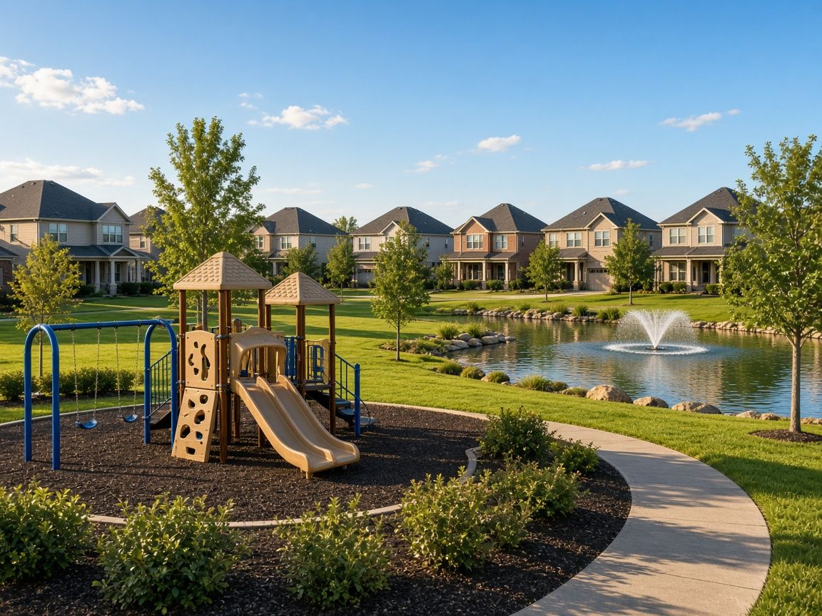 A neighborhood park with a playground and pond near two-story homes