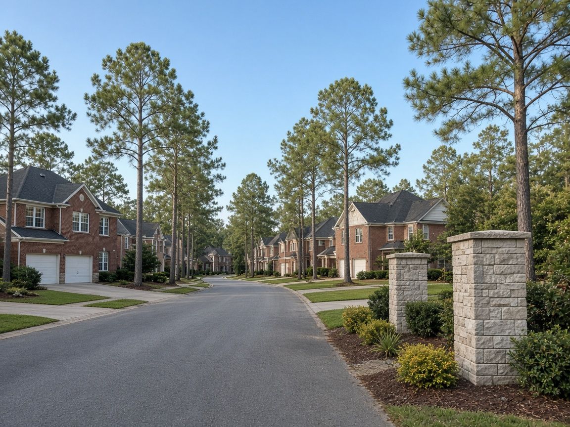 A pine-lined street of brick suburban homes