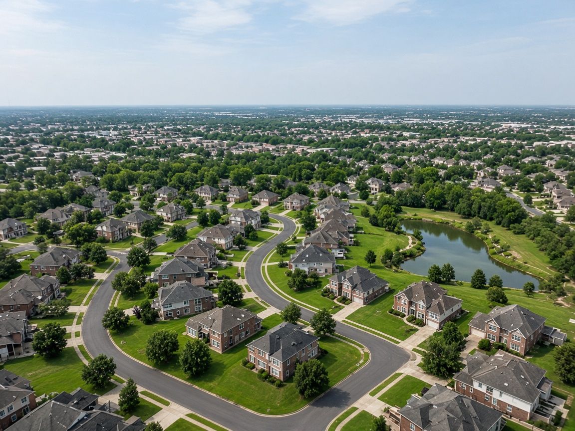 Aerial view of a suburban neighborhood with winding streets and a pond