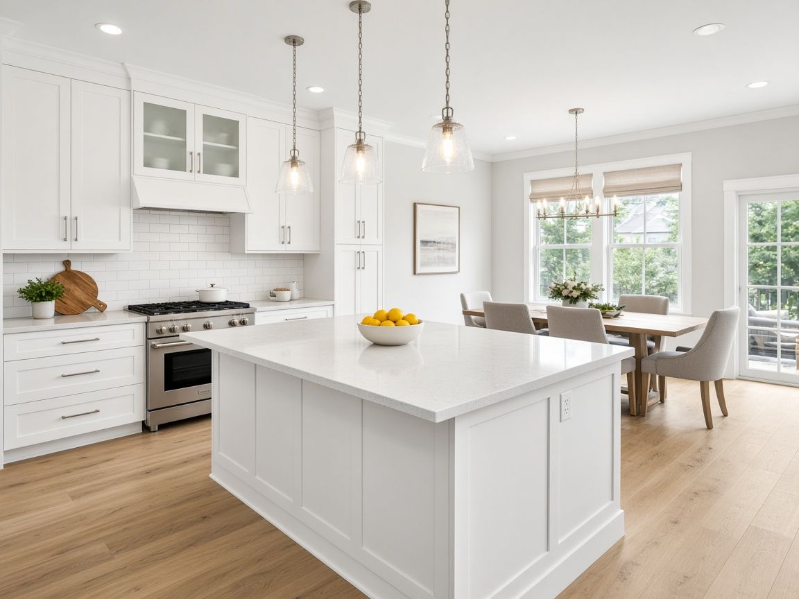 A bright, staged kitchen with a white island and natural light